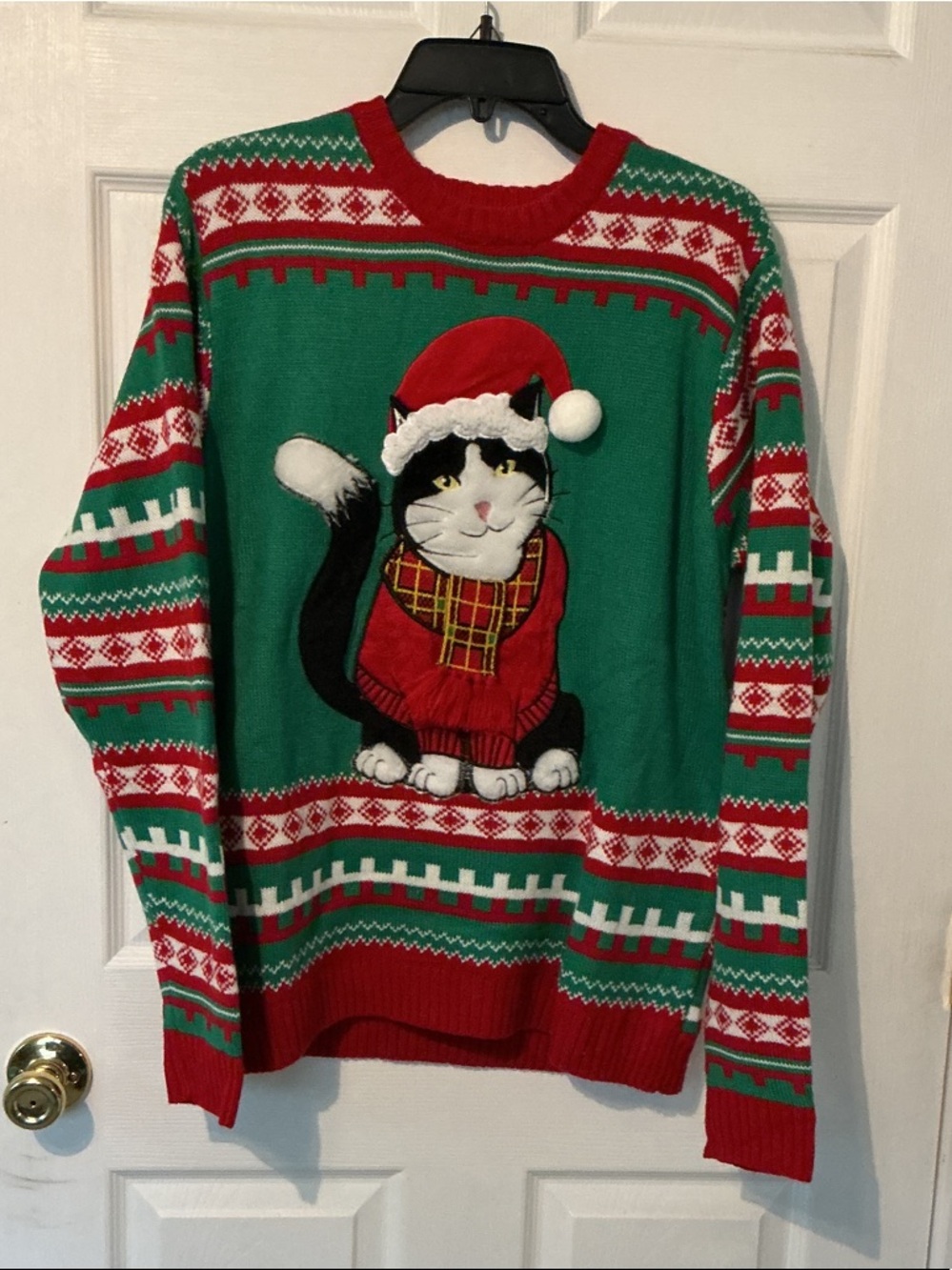 32 Degrees Red Crewneck Sweater with Green & White Stripe Detail
